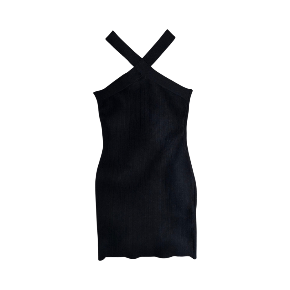 House Of Harlow 1960 Black Mini Ribbed Dress Criss Cross Neck Size Medium - Picture 6 of 9